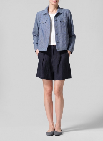 Denim Blue Linen Button Front Cropped Jacket
