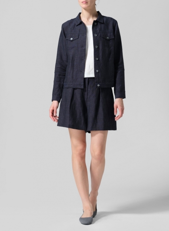 Denim Linen Button Front Cropped Jacket Set