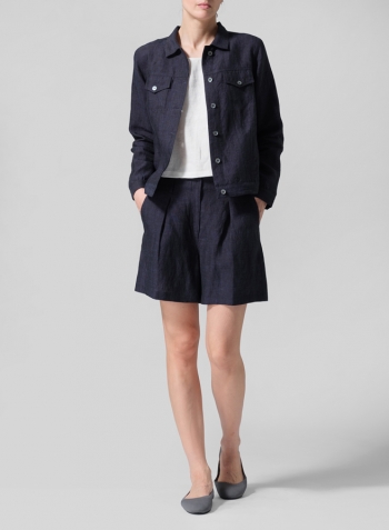 Denim Linen Button Front Cropped Jacket Set