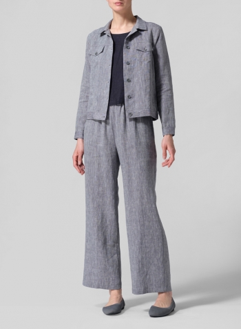 Two Tone Navy White Linen Button Front Cropped Jacket Set