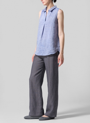Blue Linen Sleeveless Collar Shirt Top