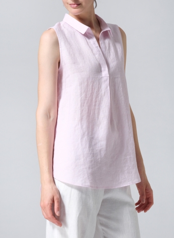 Soft Pink Linen Sleeveless Collar Shirt Top