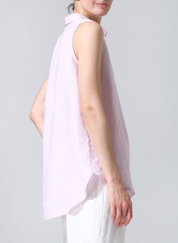 Soft Pink Linen Sleeveless Collar Shirt Top