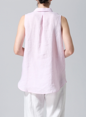 Soft Pink Linen Sleeveless Collar Shirt Top