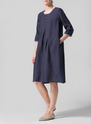Dark Denim Linen Embroidered Hemline Dress