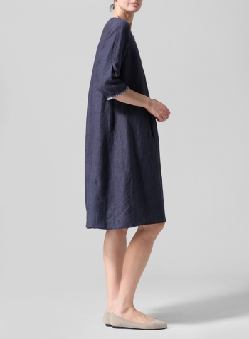Dark Denim Linen Embroidered Hemline Dress