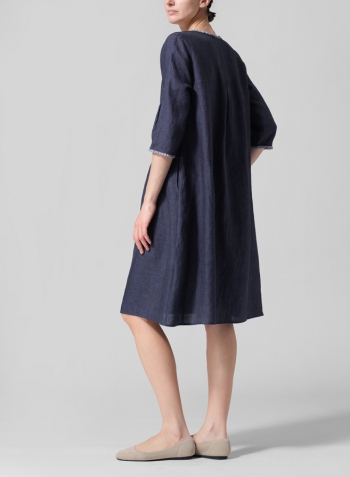 Dark Denim Linen Embroidered Hemline Dress