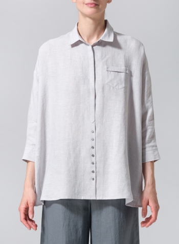 Two Tone Light Gray Linen Raglan Sleeves Loose Woman Shirt