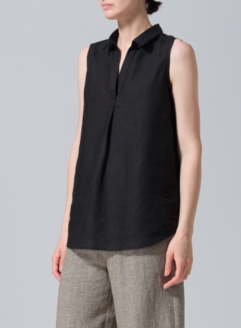 Black Linen Sleeveless Collar Shirt Top