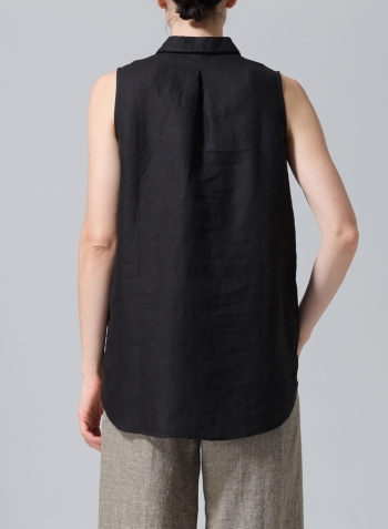 Black Linen Sleeveless Collar Shirt Top