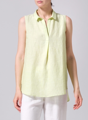 Lime Linen Sleeveless Collar Shirt Top