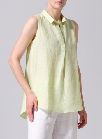 Lime Linen Sleeveless Collar Shirt Top