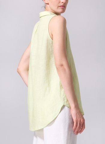 Lime Linen Sleeveless Collar Shirt Top