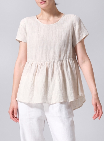 Oat Linen Short Sleeve Pleated Blouse