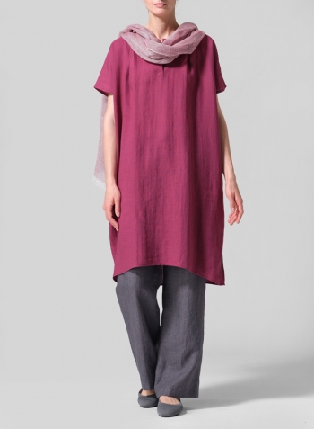 Red Violet Linen Straight Cut V-neck Pleated Tunic Set