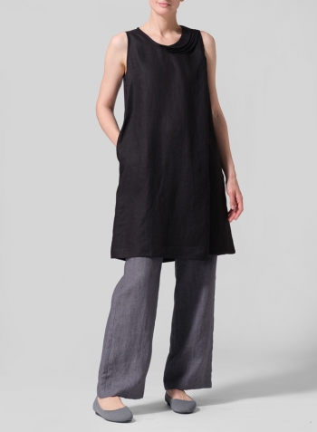 Black Linen Pleated A-Line Dress Set