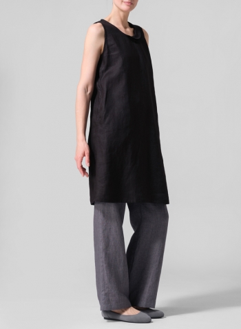 Black Linen Pleated A-Line Dress Set