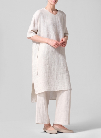 Oat Linen Drawstring Half Sleeve Tunic Dress