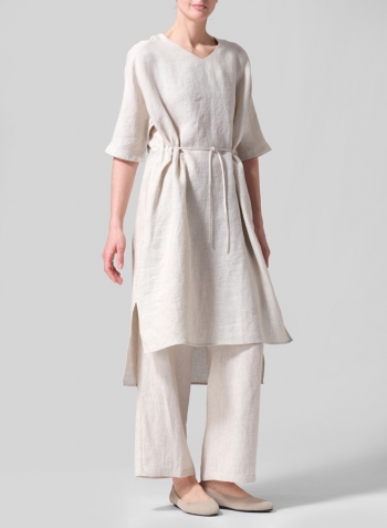 Oat Linen Drawstring Half Sleeve Tunic Dress