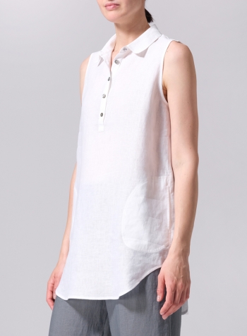 Linen Sleek Sleeveless Lapel Shirt Top