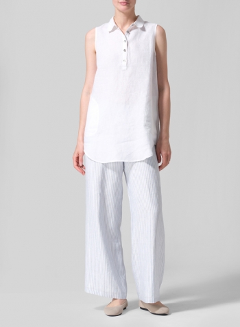 White Linen Sleek Sleeveless Lapel Shirt Top