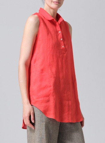 Red Linen Sleek Sleeveless Lapel Shirt Top