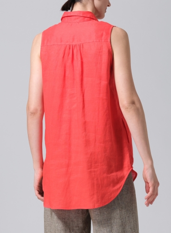 Red Linen Sleek Sleeveless Lapel Shirt Top