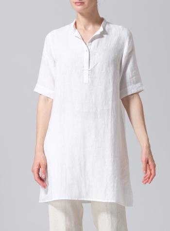 White Linen A-line Tunic With Double-layer Collar