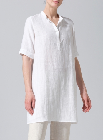 White Linen A-line Tunic With Double-layer Collar