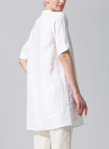 White Linen A-line Tunic With Double-layer Collar