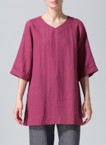Red Violet Linen Casual Loose-Fit V-Neck Midi Top