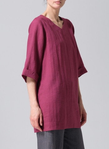 Red Violet Linen Casual Loose-Fit V-Neck Midi Top
