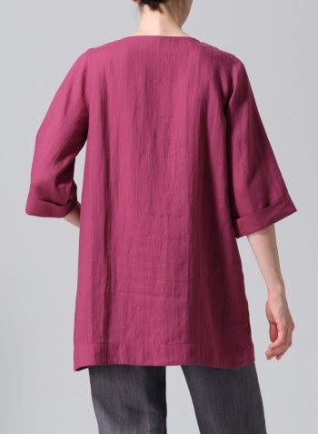 Red Violet Linen Casual Loose-Fit V-Neck Midi Top