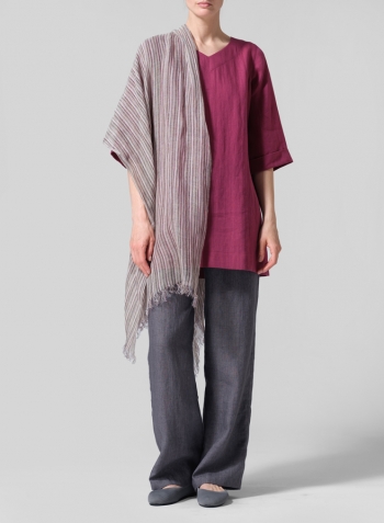 Red Violet Linen Casual Loose-Fit V-Neck Midi Top Set