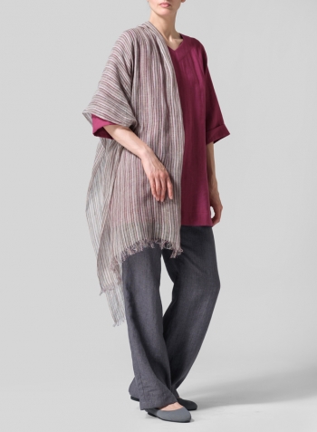 Red Violet Linen Casual Loose-Fit V-Neck Midi Top Set
