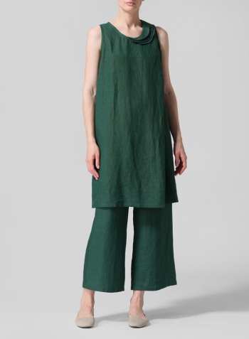 Green Linen Pleated A-Line Dress Set