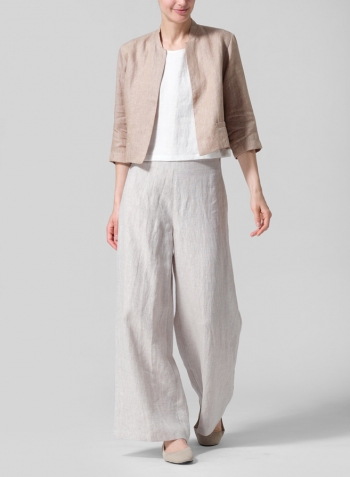 Two Tone Beige Linen Open-Front Cropped Jacket