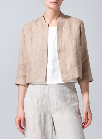 Two Tone Beige Linen Open-Front Cropped Jacket