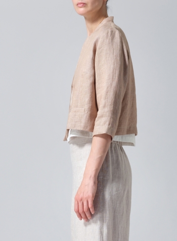 Two Tone Beige Linen Open-Front Cropped Jacket