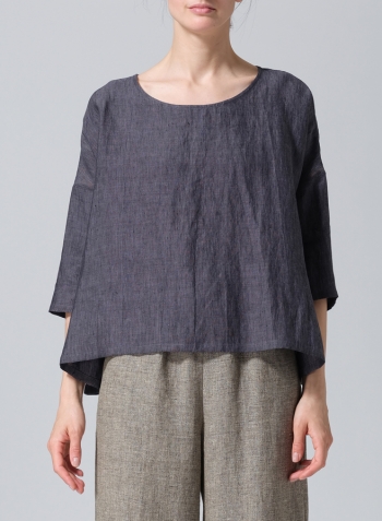 Smokey Blue Gray Linen Dropped Shoulder Top