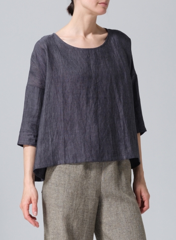 Smokey Blue Gray Linen Dropped Shoulder Top
