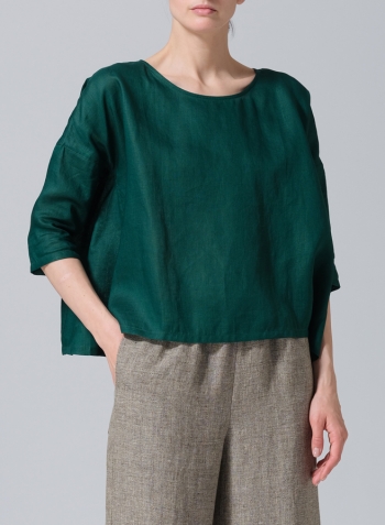 Dark Jade Green Linen Contrast Dropped Shoulder Top