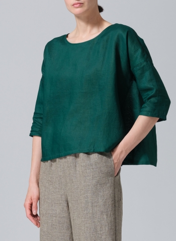 Dark Jade Green Linen Contrast Dropped Shoulder Top