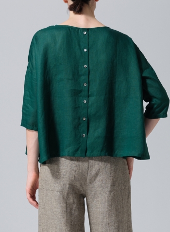 Dark Jade Green Linen Contrast Dropped Shoulder Top
