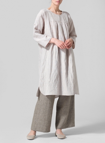 Oat Linen Loose Roll-Tab Sleeve Midi Dress