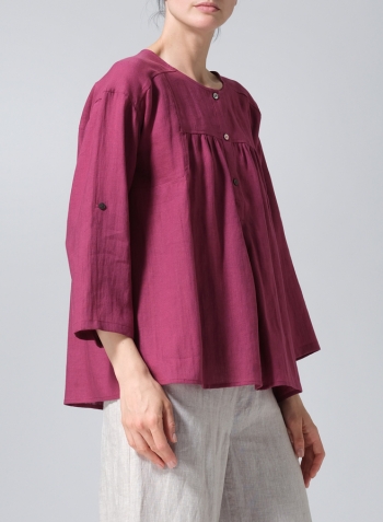 Red Violet Linen Loose Fit Roll-Tab Sleeve Pleated Blouse