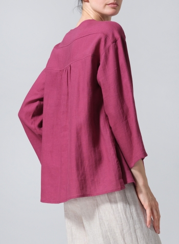 Red Violet Linen Loose Fit Roll-Tab Sleeve Pleated Blouse
