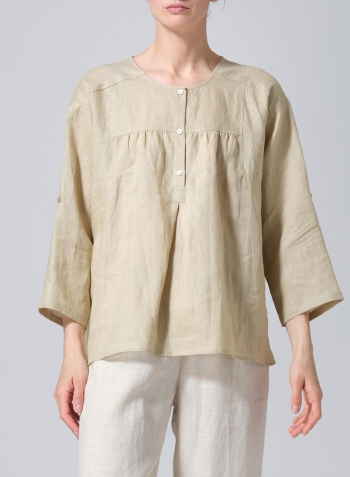 Light Khaki Linen Loose Fit Roll-Tab Sleeve Pleated Blouse