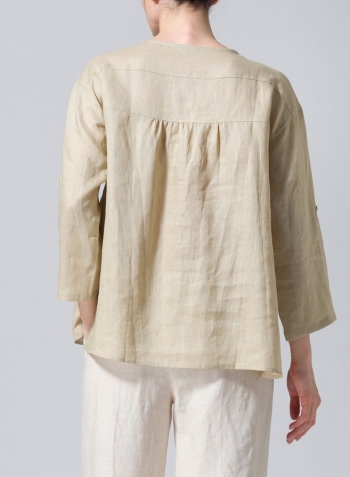 Light Khaki Linen Loose Fit Roll-Tab Sleeve Pleated Blouse