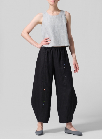 Black Linen Embroidered Cropped Pants
